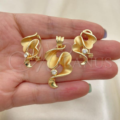 Oro Laminado Earring and Pendant Adult Set, Gold Filled Style with White Crystal, Matte Finish, Golden Finish, 10.59.0152