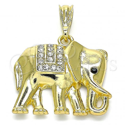 Oro Laminado Fancy Pendant, Gold Filled Style Elephant Design, with White and Black Crystal, Polished, Golden Finish, 05.380.0114