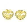 Oro Laminado Stud Earring, Gold Filled Style Heart and Love Design, with White Micro Pave, Polished, Golden Finish, 02.156.0398