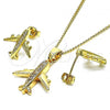 Oro Laminado Earring and Pendant Adult Set, Gold Filled Style Airplane Design, with White Micro Pave, Polished, Golden Finish, 10.193.0001