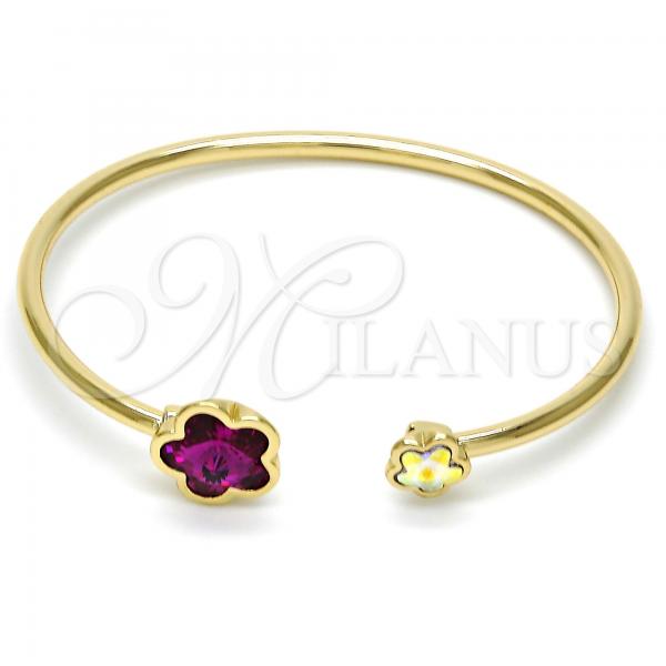 Oro Laminado Individual Bangle, Gold Filled Style Flower Design, with Fuchsia and Aurore Boreale Swarovski Crystals, Polished, Golden Finish, 07.239.0011.10 (02 MM Thickness, One size fits all)