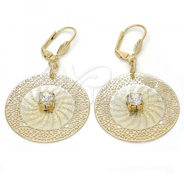 Oro Laminado Dangle Earring, Gold Filled Style Filigree and Flower Design, with White Crystal, Diamond Cutting Finish, Golden Finish, 90.006