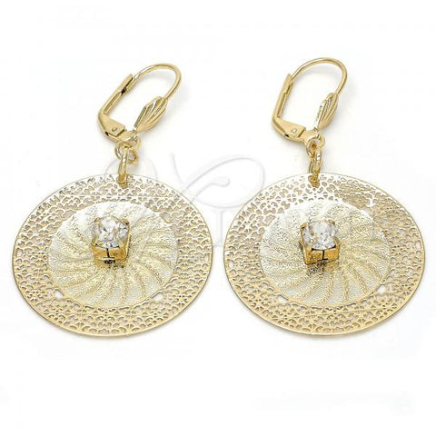 Oro Laminado Dangle Earring, Gold Filled Style Filigree and Flower Design, with White Crystal, Diamond Cutting Finish, Golden Finish, 90.006