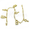 Oro Laminado Charm Anklet , Gold Filled Style Lock and key Design, Polished, Golden Finish, 03.63.2021.10