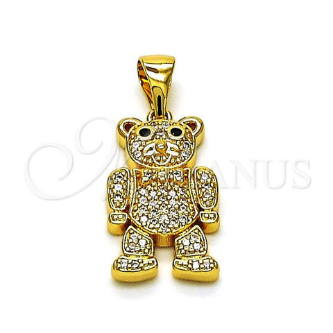 Oro Laminado Fancy Pendant, Gold Filled Style Teddy Bear Design, with White and Black Micro Pave, Polished, Golden Finish, 05.342.0191