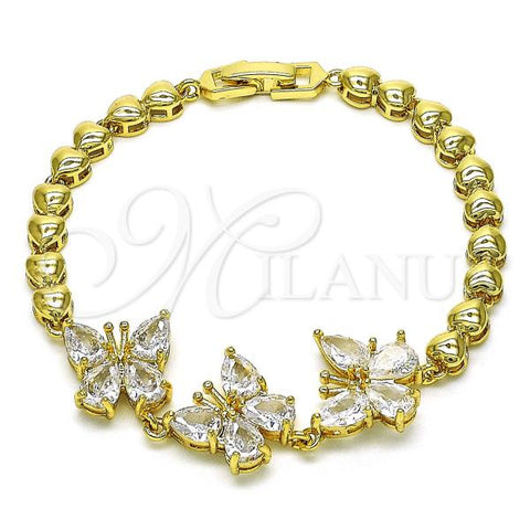 Oro Laminado Fancy Bracelet, Gold Filled Style Butterfly and Heart Design, with White Cubic Zirconia, Polished, Golden Finish, 03.283.0332.07