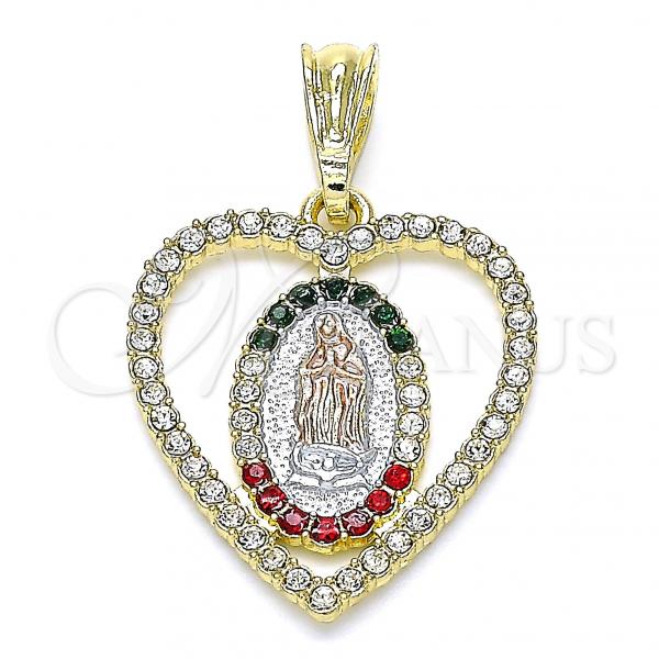 Oro Laminado Religious Pendant, Gold Filled Style Guadalupe and Heart Design, with Multicolor Crystal, Polished, Tricolor, 05.351.0168