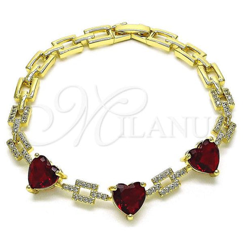 Oro Laminado Fancy Bracelet, Gold Filled Style Heart Design, with Garnet Cubic Zirconia and White Micro Pave, Polished, Golden Finish, 03.284.0043.07