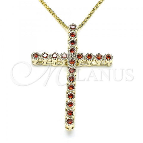 Oro Laminado Pendant Necklace, Gold Filled Style Cross Design, with Garnet Cubic Zirconia, Polished, Golden Finish, 04.284.0025.1.20