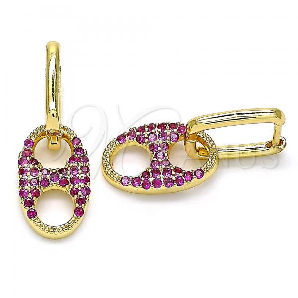 Oro Laminado Huggie Hoop, Gold Filled Style Puff Mariner Design, with Ruby Cubic Zirconia, Polished, Golden Finish, 02.210.0487.2.12