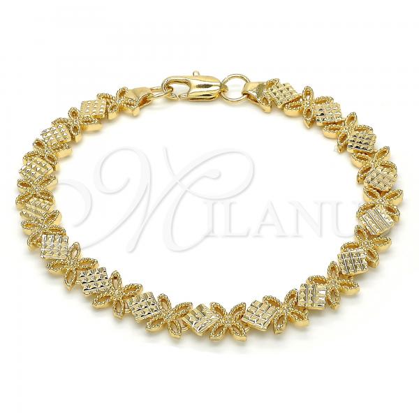 Oro Laminado Fancy Bracelet, Gold Filled Style Flower Design, Diamond Cutting Finish, Golden Finish, 03.100.0049.07