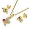 Oro Laminado Earring and Pendant Adult Set, Gold Filled Style Dragon-Fly Design, with Ruby Cubic Zirconia and White Micro Pave, Polished, Golden Finish, 10.199.0152.2