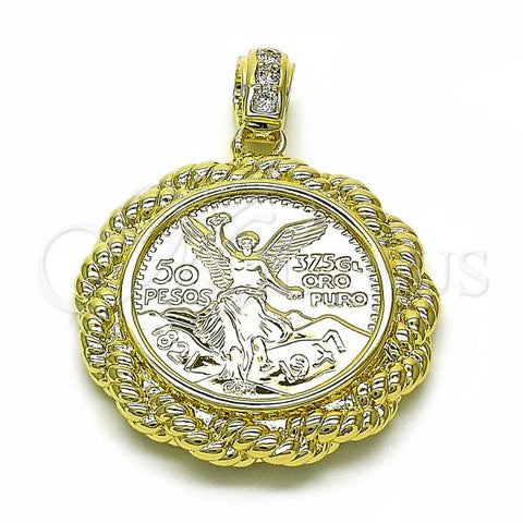 Oro Laminado Religious Pendant, Gold Filled Style Centenario Coin Design, with White Cubic Zirconia, Polished, Golden Finish, 05.213.0137