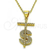 Oro Laminado Religious Pendant, Gold Filled Style Cross and Money Sign Design, with White Micro Pave, Polished, Golden Finish, 05.342.0152