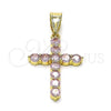 Oro Laminado Religious Pendant, Gold Filled Style Cross Design, with Pink Cubic Zirconia, Polished, Golden Finish, 05.253.0183.5