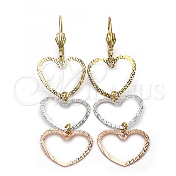 Oro Laminado Long Earring, Gold Filled Style Heart Design, Diamond Cutting Finish, Tricolor, 5.118.015