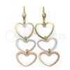 Oro Laminado Long Earring, Gold Filled Style Heart Design, Diamond Cutting Finish, Tricolor, 5.118.015
