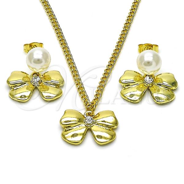 Oro Laminado Earring and Pendant Adult Set, Gold Filled Style Bow and Ball Design, with Ivory Pearl and White Crystal, Polished, Golden Finish, 10.417.0002