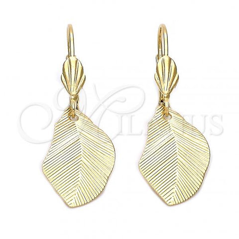 Oro Laminado Dangle Earring, Gold Filled Style Leaf Design, Diamond Cutting Finish, Golden Finish, 5.068.016