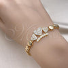 Oro Laminado Fancy Bracelet, Gold Filled Style Heart and Crown Design, with White Micro Pave, Polished, Golden Finish, 03.283.0343.07
