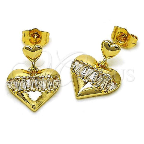 Oro Laminado Dangle Earring, Gold Filled Style Heart and Baguette Design, with White Cubic Zirconia, Polished, Golden Finish, 02.283.0114