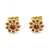 Oro Laminado Stud Earring, Gold Filled Style Flower Design, with Garnet Cubic Zirconia, Polished, Golden Finish, 02.346.0017