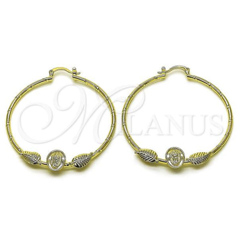 Oro Laminado Medium Hoop, Gold Filled Style Guadalupe and Leaf Design, Diamond Cutting Finish, Golden Finish, 02.213.0831.50