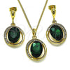 Oro Laminado Earring and Pendant Adult Set, Gold Filled Style with Emerald and Crystal Crystal, Polished, Golden Finish, 10.379.0046.2