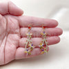 Oro Laminado Long Earring, Gold Filled Style Flower and Heart Design, with Multicolor Cubic Zirconia and White Micro Pave, Polished, Golden Finish, 02.282.0071