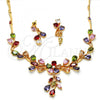 Oro Laminado Necklace and Earring, Gold Filled Style Flower and Leaf Design, with Multicolor Cubic Zirconia, Polished, Golden Finish, 06.205.0004.1