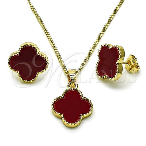 Oro Laminado Earring and Pendant Adult Set, Gold Filled Style Four-leaf Clover Design, with Garnet Mother of Pearl, Polished, Golden Finish, 10.283.0021.2