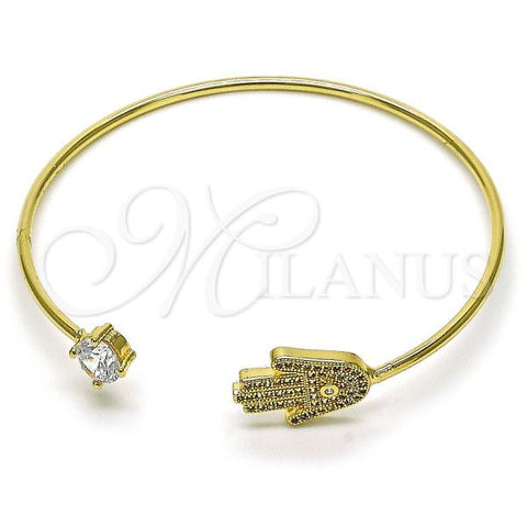 Oro Laminado Individual Bangle, Gold Filled Style Hand of God Design, with White Micro Pave and White Cubic Zirconia, Polished, Golden Finish, 07.195.0017