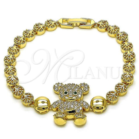 Oro Laminado Fancy Bracelet, Gold Filled Style Teddy Bear and Tree Design, with White and Green Cubic Zirconia, Polished, Golden Finish, 03.283.0427.07