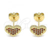 Oro Laminado Stud Earring, Gold Filled Style Heart Design, with Garnet Micro Pave, Polished, Golden Finish, 02.156.0446.2