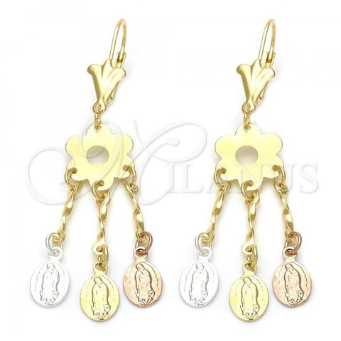 Oro Laminado Chandelier Earring, Gold Filled Style Guadalupe and Flower Design, Tricolor, 02.63.2280
