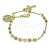 Oro Laminado Charm Bracelet, Gold Filled Style Guadalupe and Crucifix Design, Diamond Cutting Finish, Tricolor, 03.253.0087.08