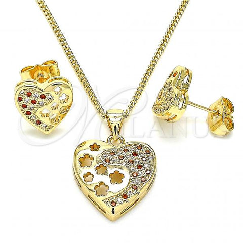 Oro Laminado Earring and Pendant Adult Set, Gold Filled Style Heart and Flower Design, with Garnet and White Micro Pave, Polished, Golden Finish, 10.156.0066.2