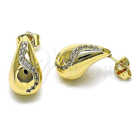 Oro Laminado Stud Earring, Gold Filled Style Teardrop Design, with White Cubic Zirconia, Polished, Golden Finish, 02.163.0375