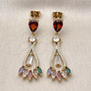 Oro Laminado Long Earring, Gold Filled Style Teardrop and Baguette Design, with Multicolor Cubic Zirconia and White Micro Pave, Polished, Golden Finish, 02.282.0076