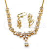 Oro Laminado Necklace and Earring, Gold Filled Style Teardrop and Leaf Design, with White Cubic Zirconia, Polished, Golden Finish, 06.221.0002