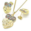 Oro Laminado Earring and Pendant Adult Set, Gold Filled Style Heart Design, with Multicolor Micro Pave, Diamond Cutting Finish, Golden Finish, 10.233.0040.1