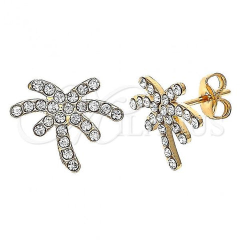 Oro Laminado Stud Earring, Gold Filled Style Palm Tree Design, with White Crystal, Polished, Golden Finish, 02.59.0095