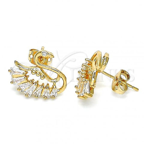 Oro Laminado Stud Earring, Gold Filled Style Swan Design, with White Cubic Zirconia, Polished, Golden Finish, 02.213.0294
