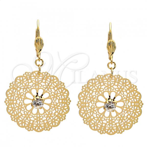 Oro Laminado Dangle Earring, Gold Filled Style Flower and Filigree Design, with White Crystal, Polished, Golden Finish, 61.001