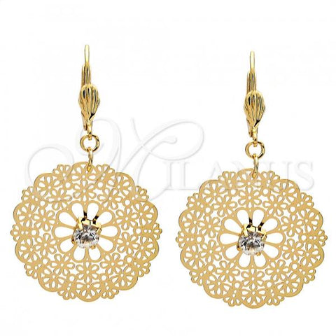 Oro Laminado Dangle Earring, Gold Filled Style Flower and Filigree Design, with White Crystal, Polished, Golden Finish, 61.001