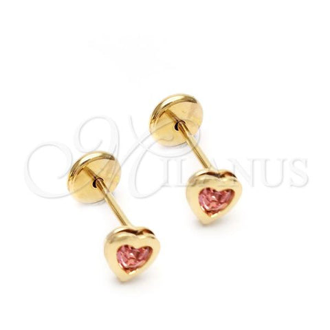 Oro Laminado Stud Earring, Gold Filled Style Heart Design, with Pink Cubic Zirconia, Polished, Golden Finish, 02.09.0210