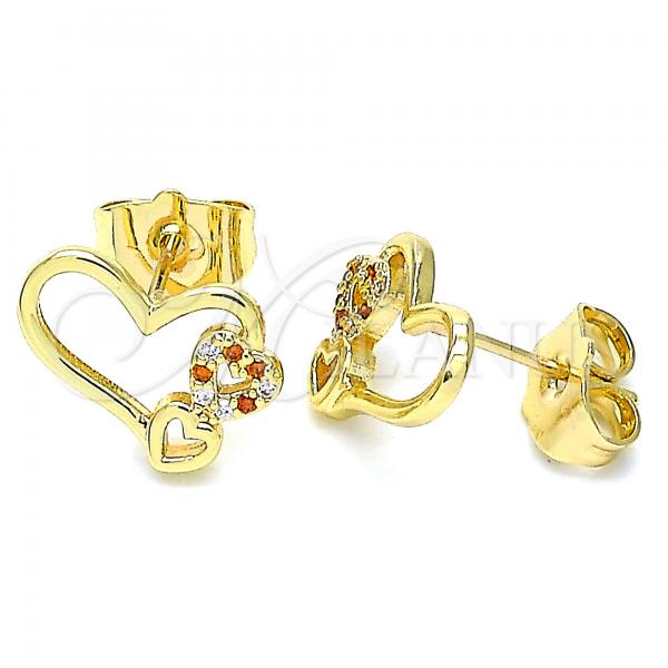 Oro Laminado Stud Earring, Gold Filled Style Heart Design, with Garnet and White Micro Pave, Polished, Golden Finish, 02.156.0518.1