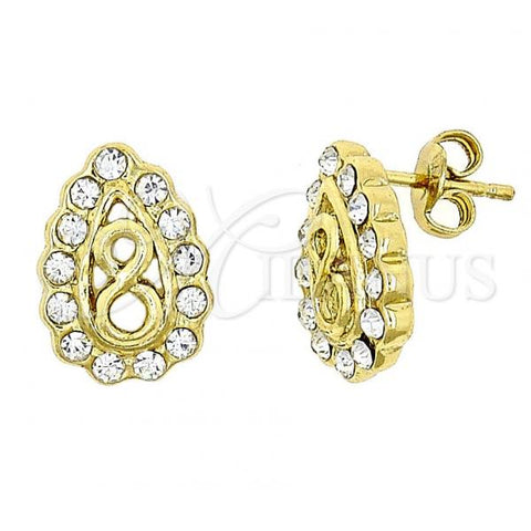 Oro Laminado Stud Earring, Gold Filled Style Infinite and Teardrop Design, with White Crystal, Polished, Golden Finish, 02.59.0117
