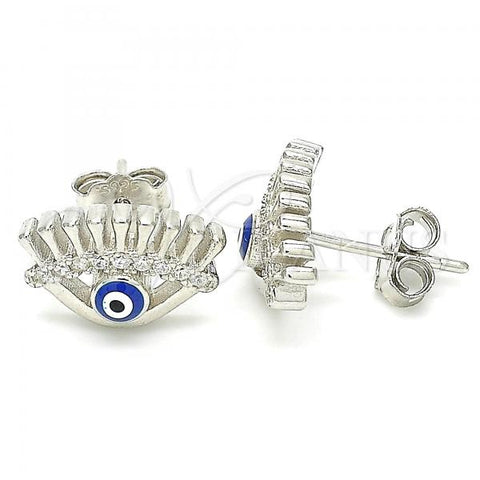 Sterling Silver Stud Earring, Evil Eye Design, with White Cubic Zirconia, Blue Enamel Finish, Rhodium Finish, 02.336.0177