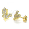 Oro Laminado Stud Earring, Gold Filled Style Butterfly Design, with White Micro Pave, Polished, Golden Finish, 02.94.0127